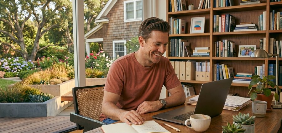 A solo professional working happily from a home office