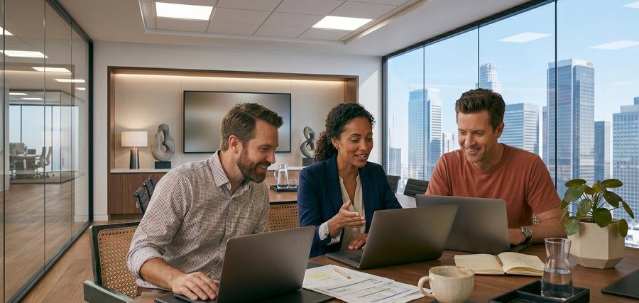 A team collaborating around laptops in a modern office